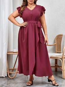 SHEIN VCAY Hơn áo tay bướm Thắt lưng Váy Wrap Hem - Màu Hoa hồng đỏ - Xem 4