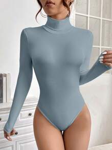 SHEIN PETITE 素色高領條紋針織連體衣 - 藍色 - 查看 1