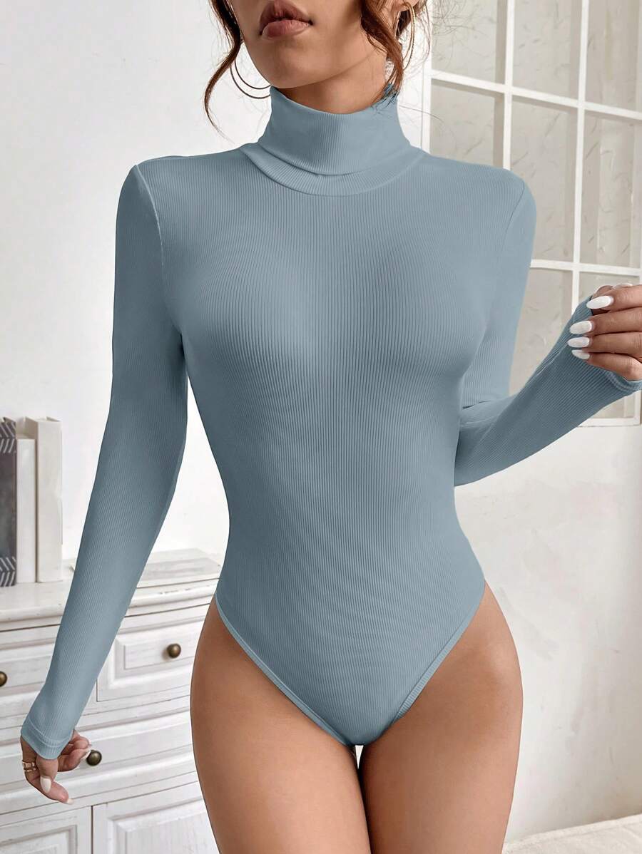 SHEIN PETITE 素色高領條紋針織連體衣 - 藍色 - 查看 1