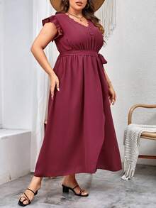 SHEIN VCAY Hơn áo tay bướm Thắt lưng Váy Wrap Hem - Màu Hoa hồng đỏ - Xem 6