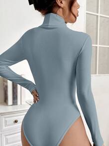 SHEIN PETITE 素色高領條紋針織連體衣 - 藍色 - 查看 2