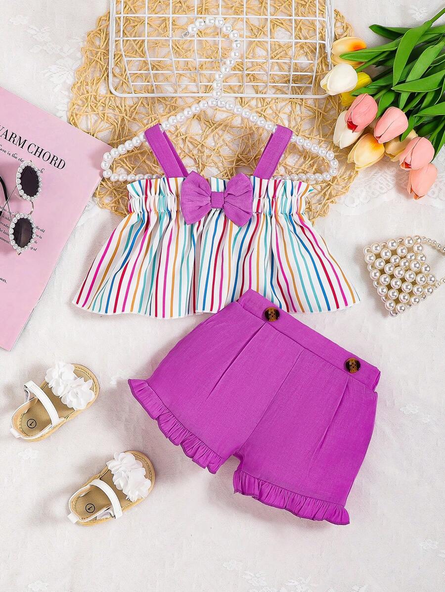 Baby Girl Striped Bow Front Cami Top & Ruffle Hem Shorts - Multicolor - View 1