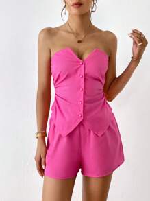 SHEIN Essnce Nút phía trước Ống ngọn & Quần short - Màu Hồng Tươi - Xem 4