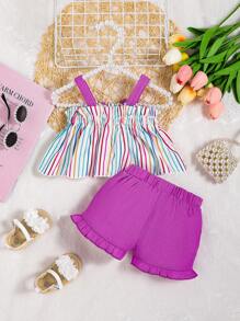 Baby Girl Striped Bow Front Cami Top & Ruffle Hem Shorts - Multicolor - View 2