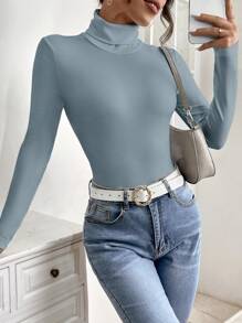 SHEIN PETITE 素色高領條紋針織連體衣 - 藍色 - 查看 4