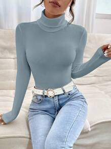 SHEIN PETITE 素色高領條紋針織連體衣 - 藍色 - 查看 6