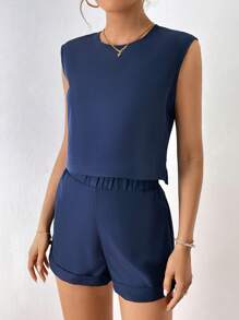 SHEIN Essnce Solid Tank Top & Roll Hem Shorts - Navy Blue - View 3