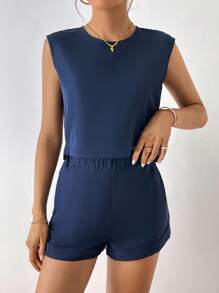 SHEIN Essnce Solid Tank Top & Roll Hem Shorts - Navy Blue - View 4