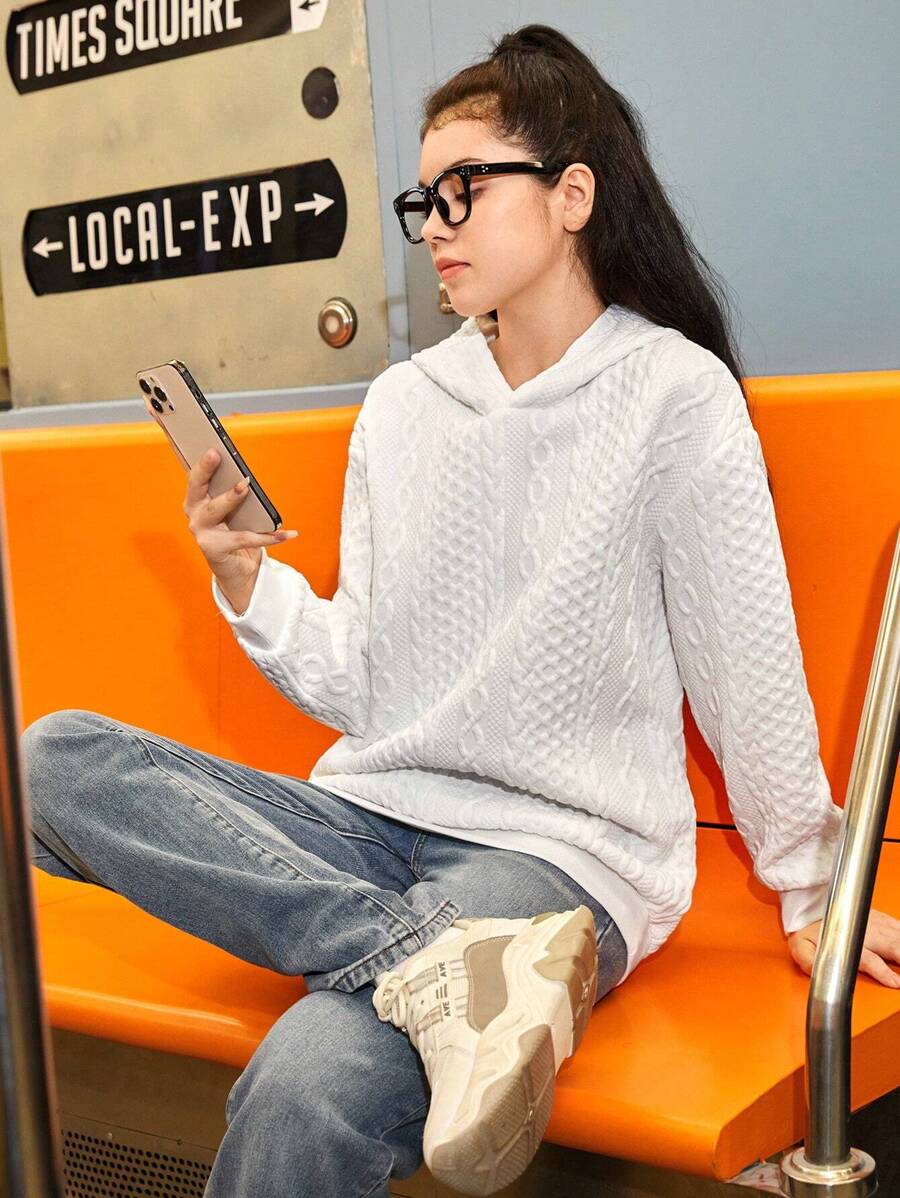 SHEIN Teen Girl Solid Drop Shoulder Hooded Sweatshirt - White - View 1