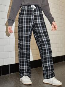 SHEIN Tween Girl Plaid Drawstring Waist Trousers - Black and White - View 3