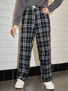 SHEIN Tween Girl Plaid Drawstring Waist Trousers - Black and White - View 4