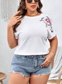 SHEIN VCAY Plus Floral Print Batwing Sleeve Tee - White - View 1