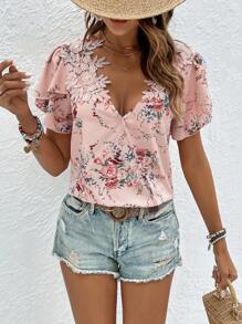 SHEIN VCAY 印花花瓣袖襯衫 - 粉色 - 查看 1