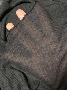 DAZY 纯色不对称下摆短款T恤节日长袖女式上衣 - 黑色 - 查看 11