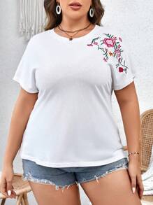 SHEIN VCAY Plus Floral Print Batwing Sleeve Tee - White - View 4