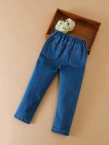 女大童星星刺繡彈性腰帶牛仔褲 - 中等水洗藍 - 查看 2