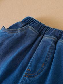 女大童星星刺繡彈性腰帶牛仔褲 - 中等水洗藍 - 查看 3