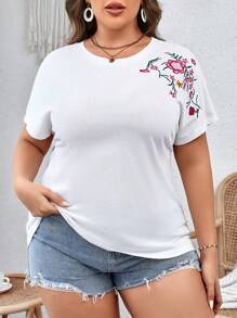 SHEIN VCAY Plus Floral Print Batwing Sleeve Tee - White - View 5