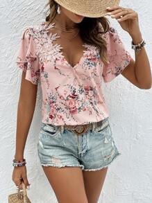 SHEIN VCAY 印花花瓣袖襯衫 - 粉色 - 查看 5