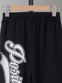 SHEIN Cô gái Tween Đồ họa Chữ cái Hai âm Thả vai Áo khoác Đại học & Quần nỉ - Đen và trắng - Xem 5