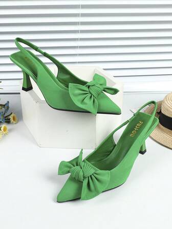 女士蝴蝶結裝飾尖頭高跟鞋,時尚綠色彈力纖維后提帶高跟單鞋