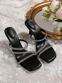 仙女风格水晶装饰带高跟穆勒凉鞋，女士夏季时尚高跟鞋情人节款 - 黑色 - 查看 4