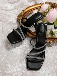 仙女风格水晶装饰带高跟穆勒凉鞋，女士夏季时尚高跟鞋情人节款 - 黑色 - 查看 5