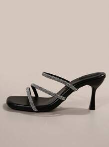 仙女风格水晶装饰带高跟穆勒凉鞋，女士夏季时尚高跟鞋情人节款 - 黑色 - 查看 7