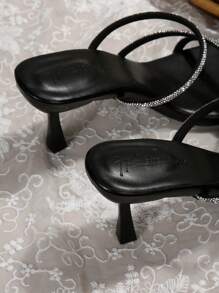 仙女风格水晶装饰带高跟穆勒凉鞋，女士夏季时尚高跟鞋情人节款 - 黑色 - 查看 8