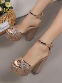 女士防水厚底高跟露趾凉鞋，粗跟设计，适合夜店派对、春夏穿着，性感迷人，女士高跟鞋 - 香檳色 - 查看 3