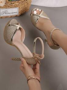 秋冬女士金属细节雕塑感高跟踝带凉鞋，魅力派对亮片高跟凉鞋，性感