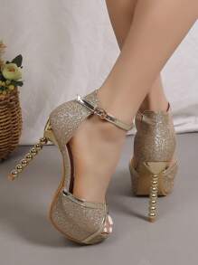秋冬女士金属细节雕塑感高跟踝带凉鞋，魅力派对亮片高跟凉鞋，性感