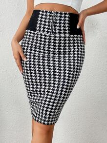 SHEIN Privé Women's Commuting Houndstooth Print Zip Placket Pencil Skirt - Black and White - View 3
