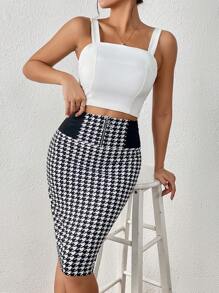 SHEIN Privé Women's Commuting Houndstooth Print Zip Placket Pencil Skirt - Black and White - View 5