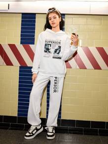 SHEIN 青少年女孩人物和字母圖案落肩袖連帽衫和運動褲 - 白色 - 查看 6