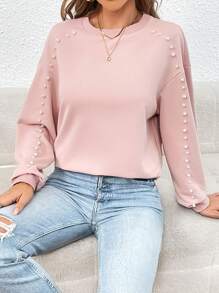 SHEIN Essnce 珍珠串珠落肩袖運動衫 - 淺粉色 - 查看 1