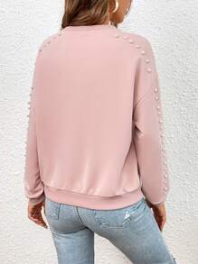 SHEIN Essnce 珍珠串珠落肩袖運動衫 - 淺粉色 - 查看 2