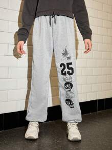 SHEIN 青少年女孩字母圖案腰部抽繩衛褲 - 淺灰色 - 查看 1