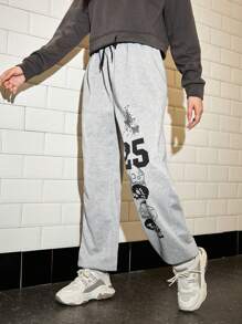 SHEIN 青少年女孩字母圖案腰部抽繩衛褲 - 淺灰色 - 查看 3