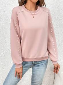 SHEIN Essnce 珍珠串珠落肩袖運動衫 - 淺粉色 - 查看 6