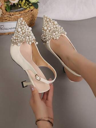 Women Rhinestone & Faux Pearl Decor Point Toe Pyramid Heeled Pumps, Fashion Outdoor Slingback Pumps