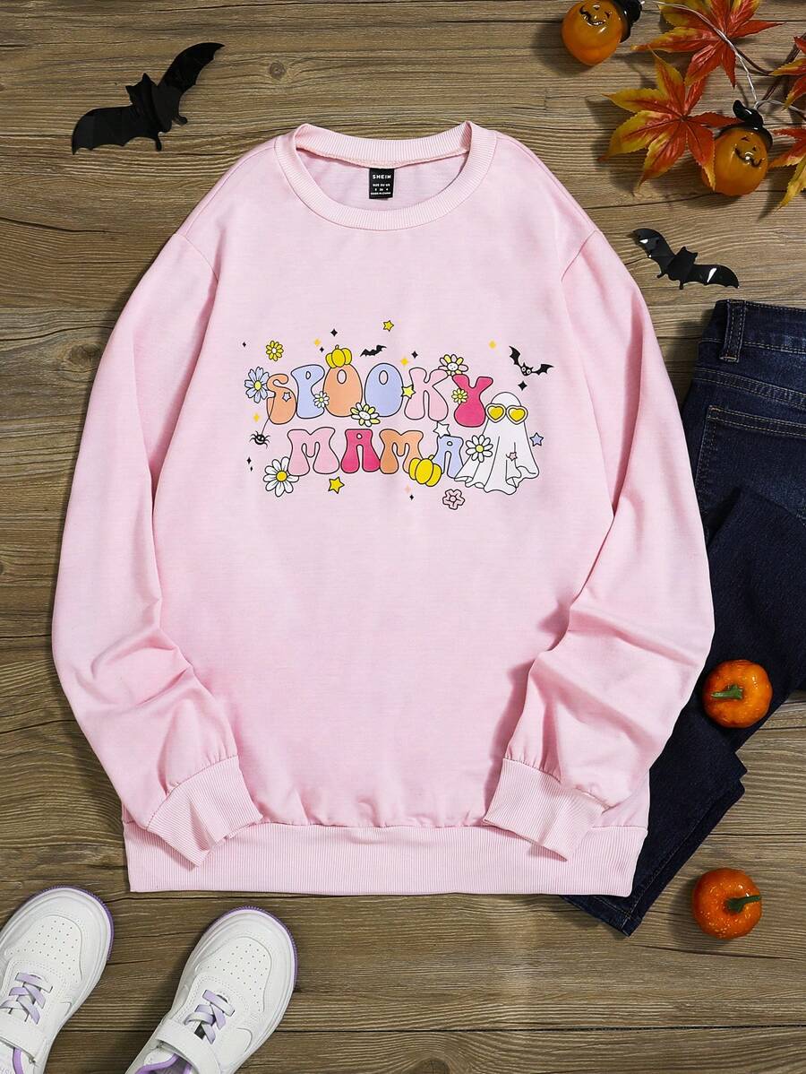 SHEIN Unity 1 Miếng Bản in Halloween Áo nỉ - Hồng - Xem 1