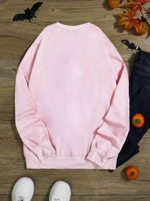 SHEIN Unity 1 Miếng Bản in Halloween Áo nỉ - Hồng - Xem 2