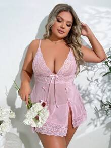 Classic Sexy 大碼蕾絲拼接網紗吊帶睡裙附丁字褲 - 粉色 - 查看 1