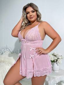 Classic Sexy 大碼蕾絲拼接網紗吊帶睡裙附丁字褲 - 粉色 - 查看 2