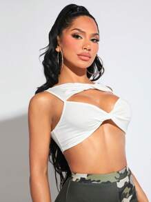 SHEIN SXY 前扭結鏤空短款背心 - 白色 - 查看 3