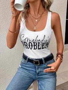 SHEIN LUNE 字母圖案背心上衣 - 白色 - 查看 3