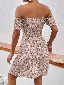 SHEIN VCAY 滿版印花一字肩連衣裙 - 杏色 - 查看 2