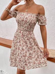 SHEIN VCAY 滿版印花一字肩連衣裙 - 杏色 - 查看 3