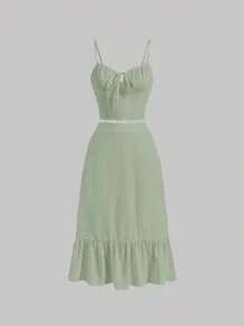 SHEIN MOD 前繫帶吊帶上衣和荷葉邊半身裙 - 薄荷綠 - 查看 1
